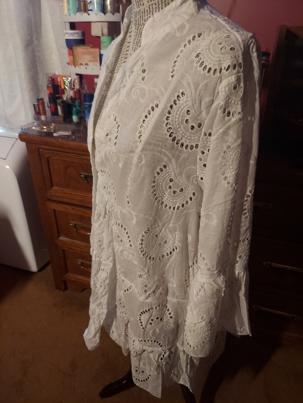 White  Eyelets Cotton Blouse/Jacket Size 2XL 3/4 sleeves Button Up NWOT